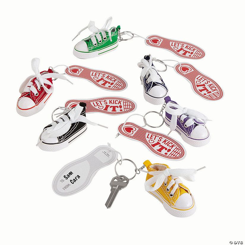 Let's Kick It Tennis Shoe Keychains Valentine Exchanges with Card for 12 | Oriental Trading Company