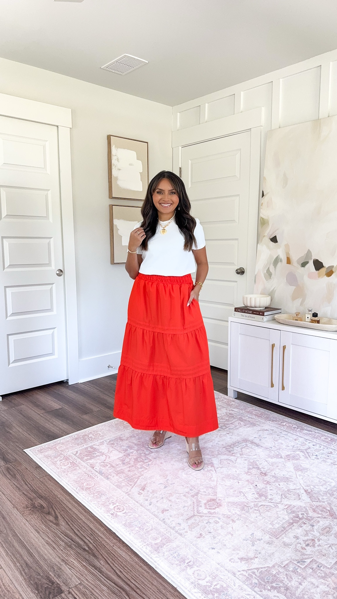 White tee size xs TTS 
Orange red skirt size xs TTS 
Clear wedges size 5 TTS

#LTKxMadewell #LTKSaleAlert #LTKPetite