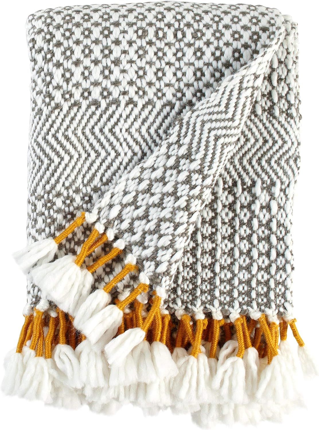 Amazon Brand – Rivet Modern Hand-Woven Stripe Fringe Throw Blanket, 50" x 60", Grey and White w... | Amazon (US)