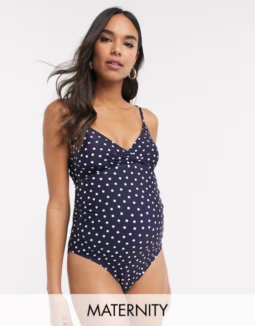 New Look Maternity wrap swimsuit in navy polka dot | ASOS US
