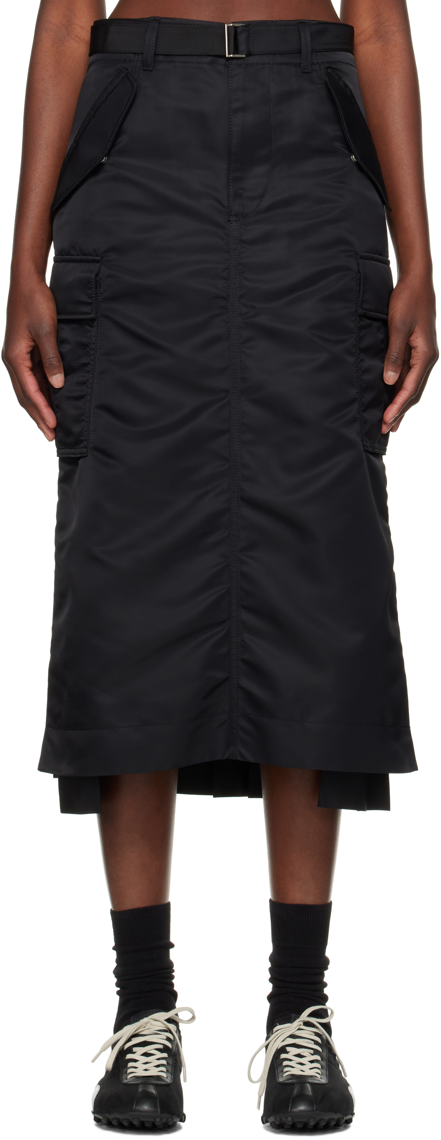 sacai Black Nylon Twill Midi Skirt | SSENSE
