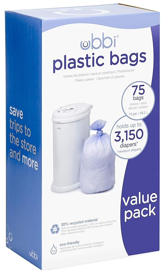Ubbi Diaper Pail Plastic Bags, Disposable Baby Waste Bags, 3 Pack, 75 Count, 13-Gallon Bags | Amazon (US)