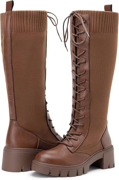 Women's Lace Up Platform Chunky Heel Knee High Combat Comfort Boots | Tall casual goth boots, fla... | Amazon (US)