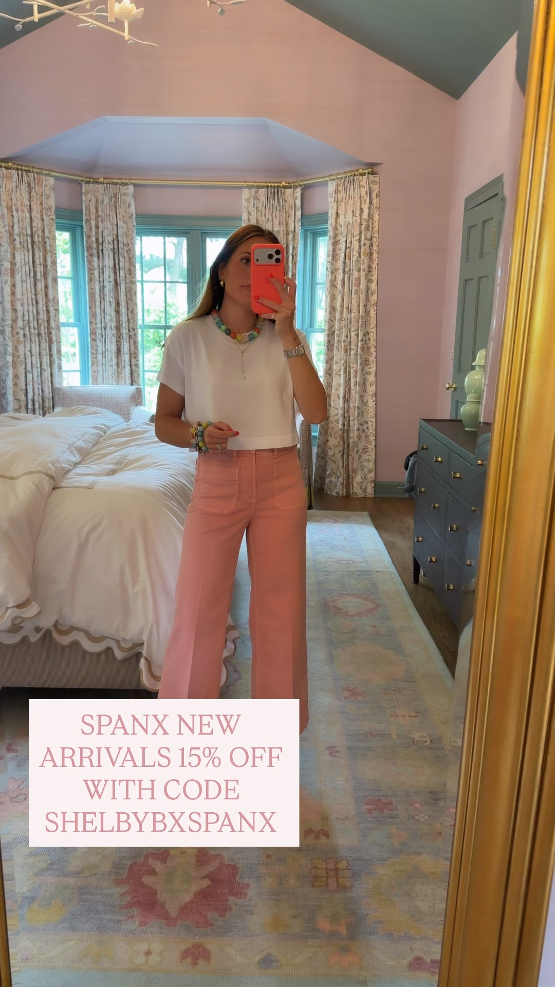how cute are these pink jeans from @spanx?! #spanxpartner I love them paired with this cropped tee! I am wearing an xsmall in both. Use code SHELBYBXSPANX for 15% off + free shipping on your first order!
