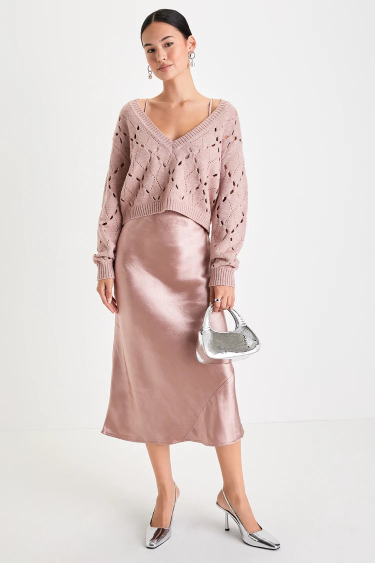 Divine Pairing Mauve Lurex Sweater & Satin Slip Dress Set | Lulus