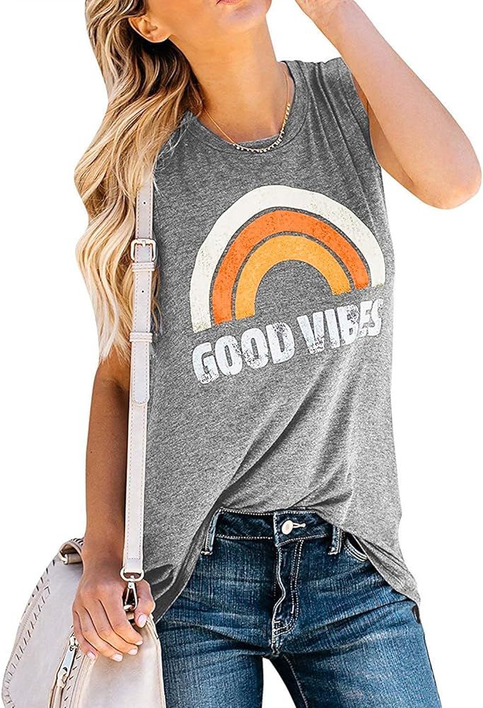 Women's Good Vibes Tank Tops Loose Fit Casual Sleeveless Top T Shirt | Amazon (US)