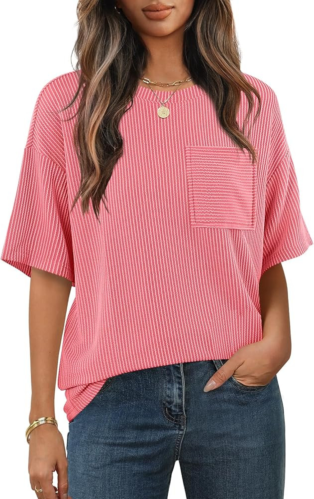 MEROKEETY Women's Summer Short Sleeve Tops Oversized Crewneck Textured Blouse Casual Basic Tunic ... | Amazon (US)