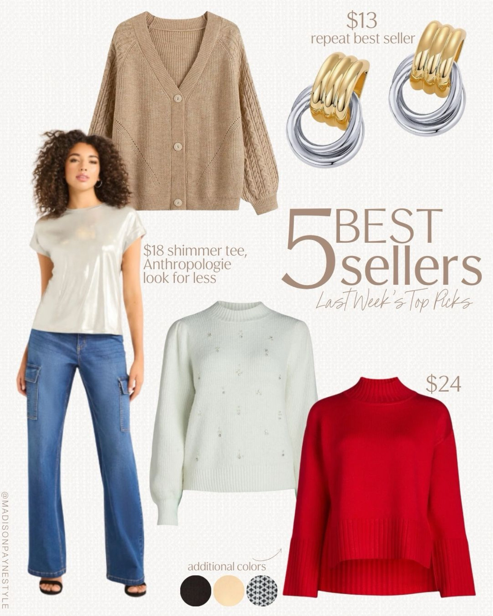 Last week’s best sellers include a tan cardigan, $13 earrings that are repeat best sellers, an $18 shimmer tee (Anthropologie look for less), an embellished sweater, and a mock neck sweater (comes in multiple colors)🥰

Best sellers, cardigan, Amazon cardigan, earrings, Amazon earrings, shimmer tee, Walmart tee, look for less, anthropologie, embellished sweater, mock neck sweater, Walmart sweater, winter sweater, Madison Payne 

#LTKStyleTip #LTKSeasonal #LTKFindsUnder50