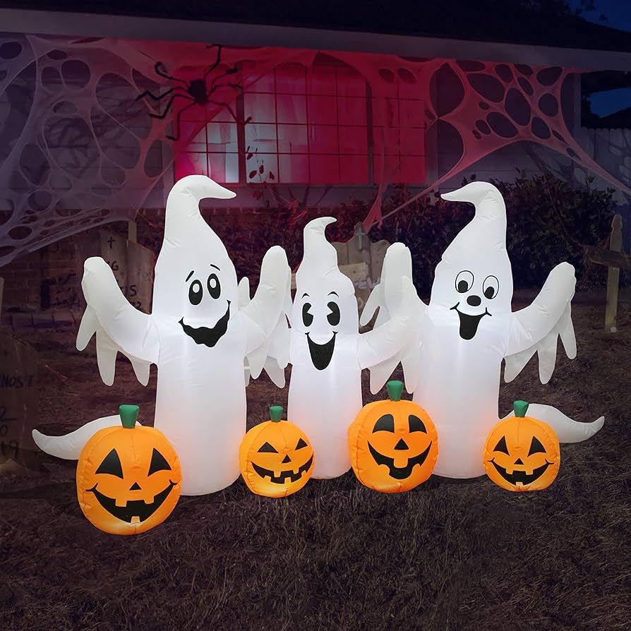 6 Foot Long Lighted Halloween Inflatable Three Ghosts with Pumpkins Patch Outdoor Indoor Holiday ... | Amazon (US)