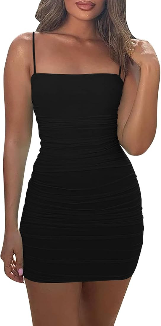 Mizoci Women's Sexy Sleeveless Ruched Spaghetti Strap Bodycon Mini Club Party Dress | Amazon (US)