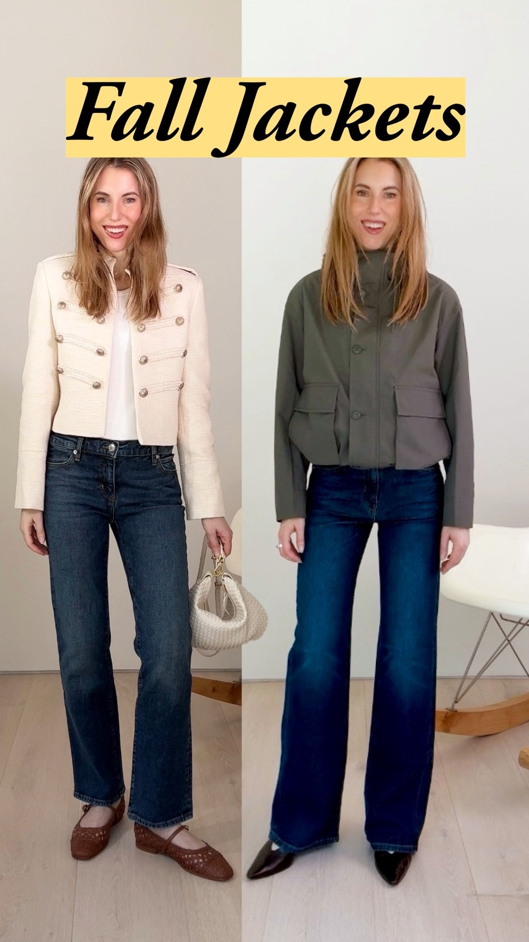 LEFT: The Napoleon jacket adds structure without looking too corporate. The one I'm wearing is in tweed, so it's got softness. I'm wearing it with Frame's cigarette jeans. They remind me of CBK's 90s Levi's with their subtle flare + easy fit around the thighs. I always feel great in them. RIGHT: A cropped blouson with a cinched waist hits right at high or mid-rise jeans (low rise jeans would fight it). I'm always happy to find cute jackets that have a hood! I love this cool way of doing an hourglass shape with the AYR wide-leg jeans. Everything TTS. I'm 5'7".

#LTKootd #LTKSeasonal #LTKMidsize