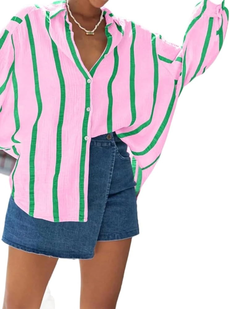 Women's Long-Sleeved Shirt Women's Pink Striped Loose Chiffon Shirt | Amazon (US)