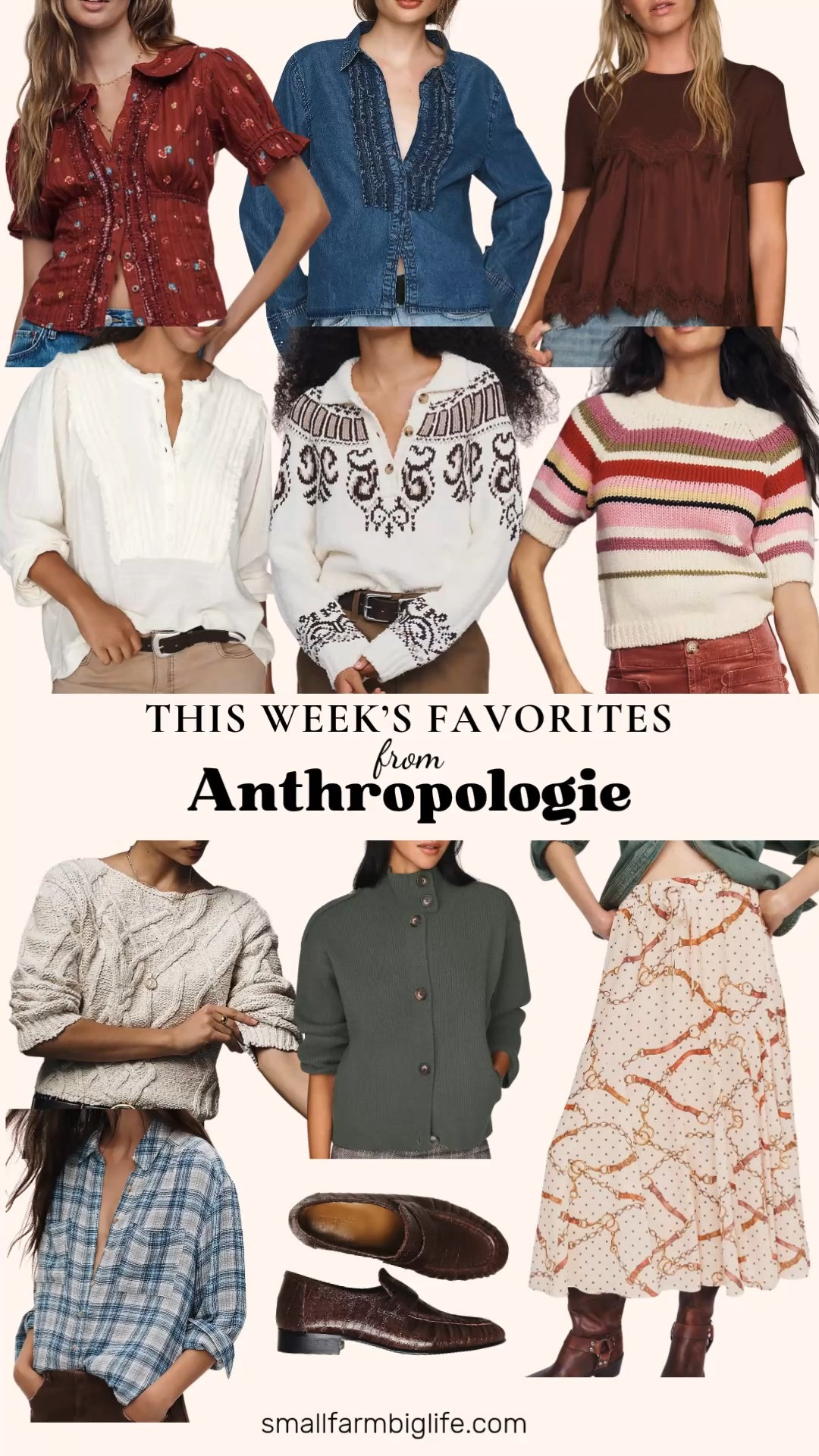 This Week's Favorites From Anthropologie 🍂 This fall fashion haul is all about cozy knits, pretty blouses, and warm neutral tones that make building fall outfits so easy. Sweater weather starts with the ivory Pilcro Kirby cable knit sweater, an ivory and brown Fair Isle henley sweater, and a pink, red, and cream striped short sleeve wool blend sweater that's perfect for layering. For blouses and button downs, the brown floral waisted tuxedo blouse, ivory cotton ruffle blouse, medium denim ruffled button down, and ivory blue relaxed plaid shirt all work for casual weekends or business casual workwear. The stone patterned Greylin godet midi skirt is a fall dress alternative that pairs beautifully with any of these tops, and the chocolate layered twofer tank tee is an easy basic. Finish the look with the moss ribbed knit funnel neck bomber jacket and the brown patterned Tony Bianco Gatsby loafers for a polished fall outfit for women over 50 and beyond!

#anthropologie #anthropologiestyle #falloutfits #fallfashion #sweaterweather 

 #LTKgrwm #LTKootd #LTKOver40