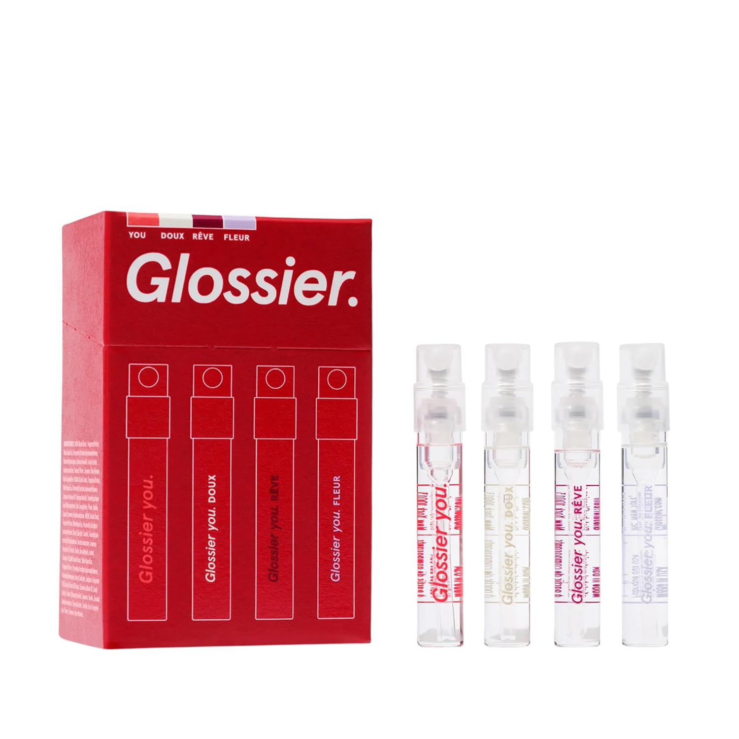 Glossier You Mini Wardrobe Fragrance Set - 4 Unisex Travel Size Eau de Parfum for Women & Men - Skin-Scent Enhancer Perfume Sampler, Smells Different on Everyone - You, Fleur, Doux, Rêve - 1.5ml Each | Amazon (US)