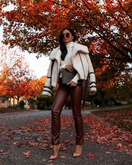 Fall outfit ideas
Tularosa shearling jacket
Similar revolve sweater
Brown faux leather pants 

#LTKSeasonal #LTKitbag #LTKstyletip