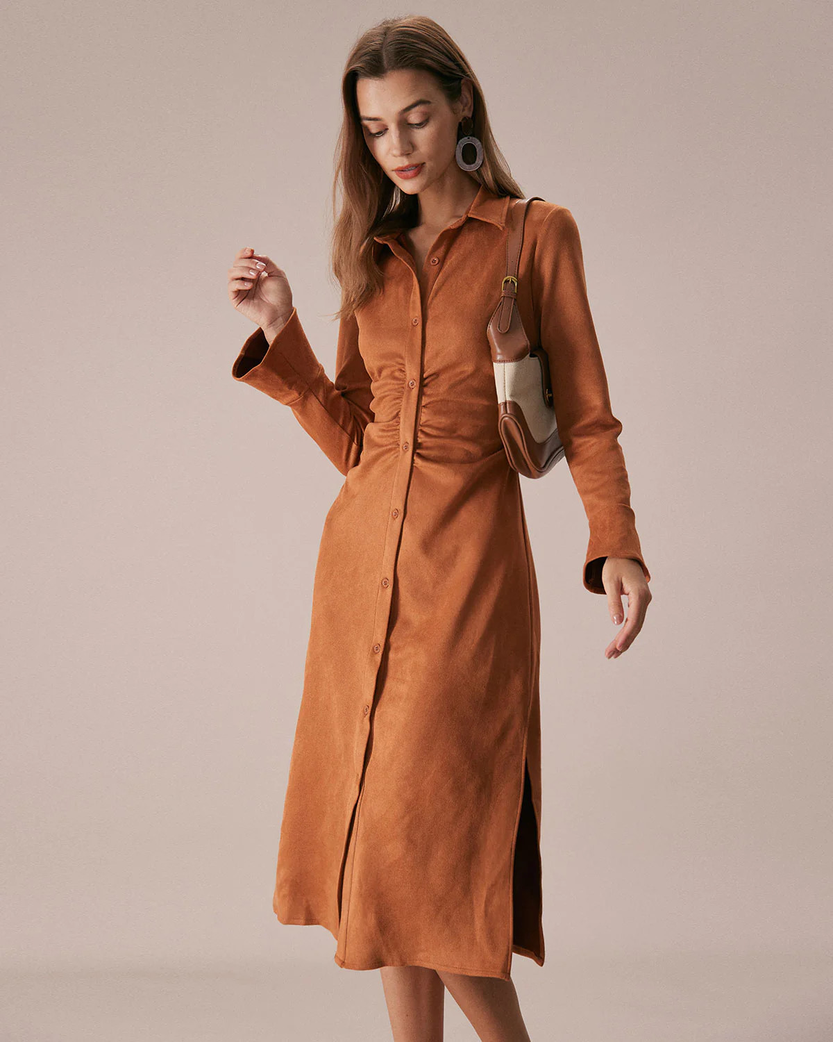 The Brown Lapel Flare Sleeve Suede Midi Dress & Reviews - Brown - Dresses | RIHOAS | rihoas.com
