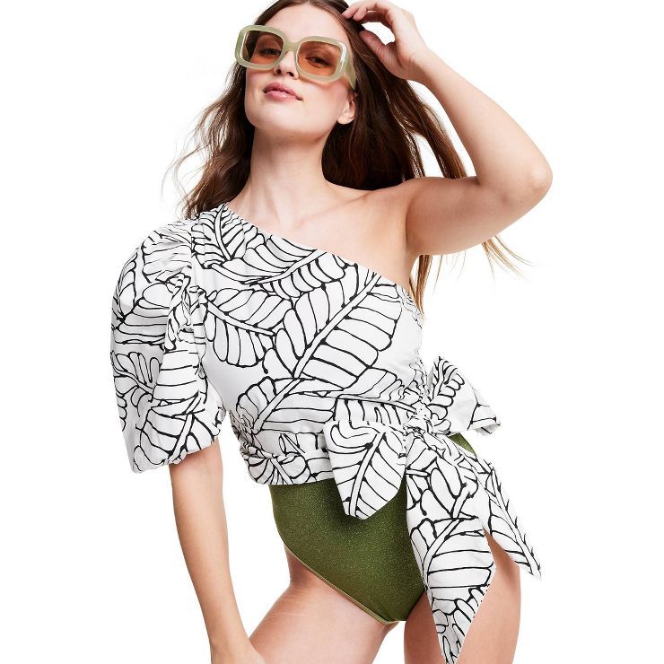 Women's Sketch Palm Leaf Print Wrap Tie One Shoulder Top - Fe Noel x Target Black/White | Target