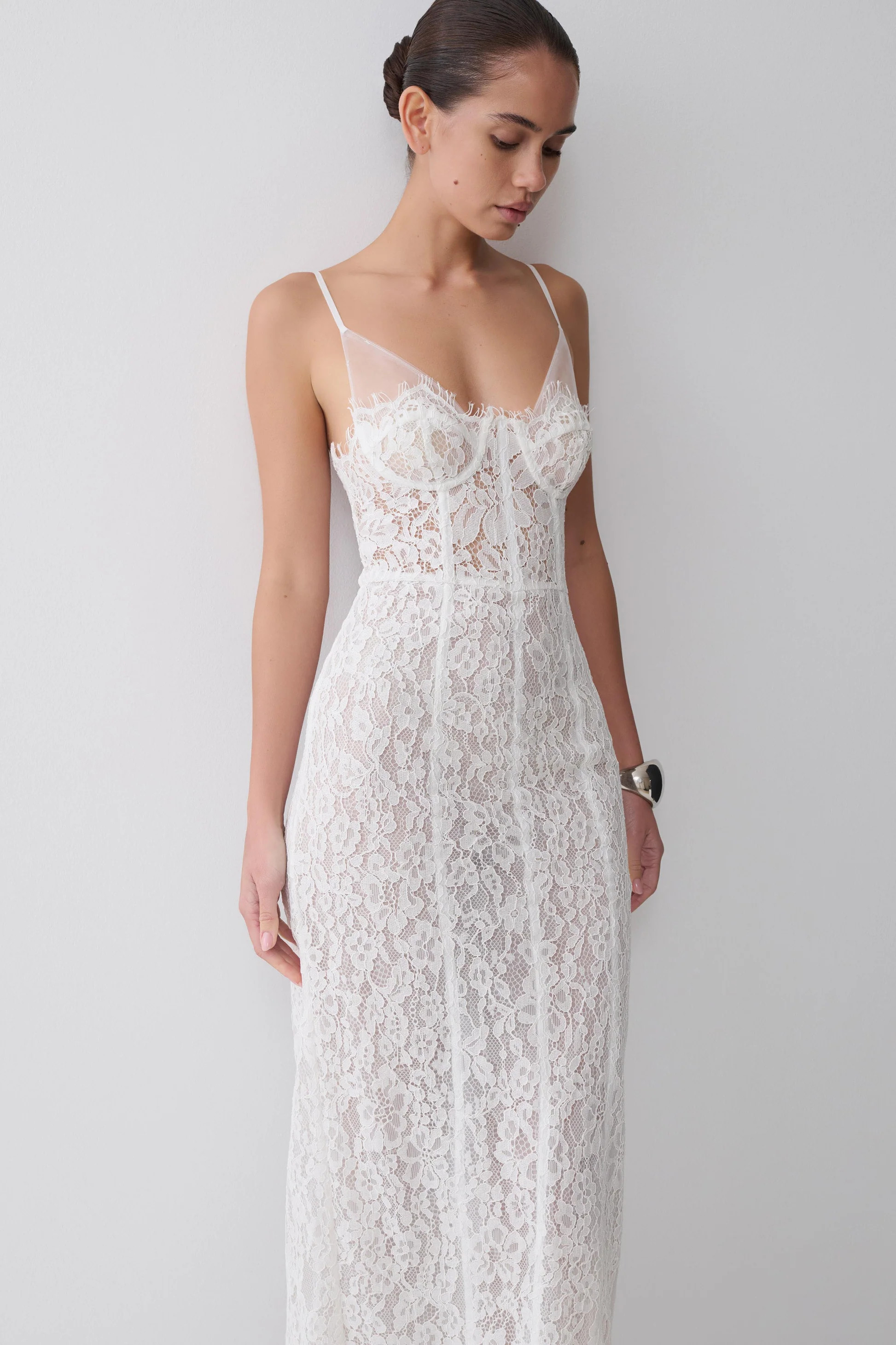 Ottilie Lace And Mesh Midi Dress - White | MESHKI US