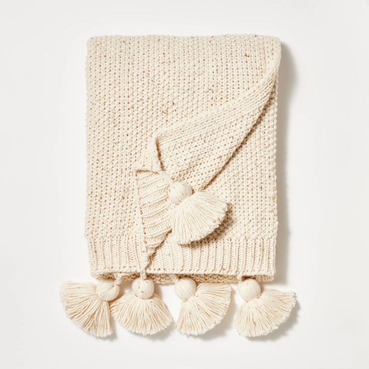 Knit Throw with Pom Tassels Throw Blanket Cream - Threshold™ designed with Studio McGee | Target