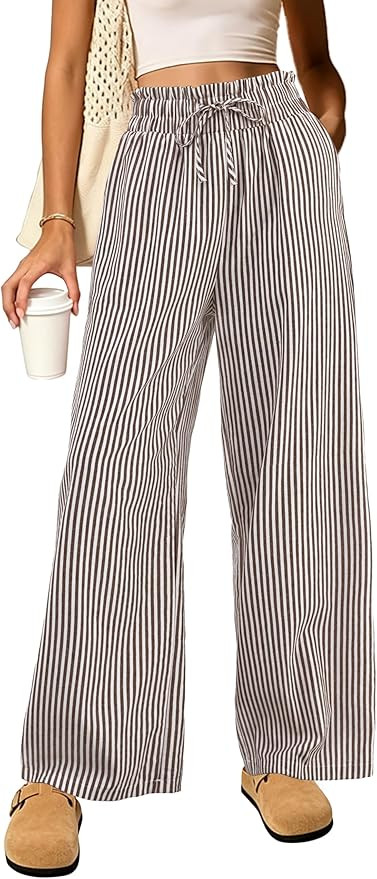 Dookttker Cotton Gingham Striped Pants Women High Waisted Ruffle Wide Leg Lounge Pajama Trousers ... | Amazon (US)