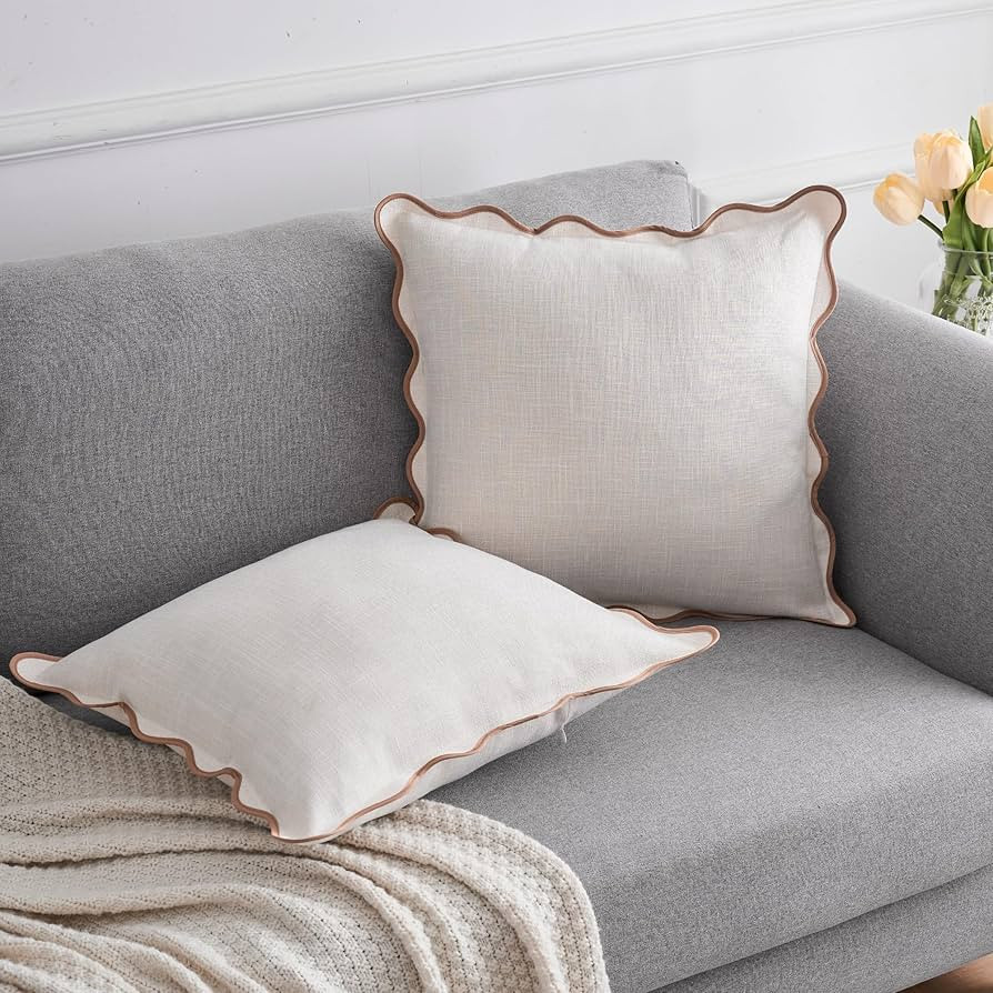 Scalloped Throw Pillow Covers 18x18 Inch Set of 2, Cotton & Linen, Boho Sytle Decorative Couch Be... | Amazon (US)
