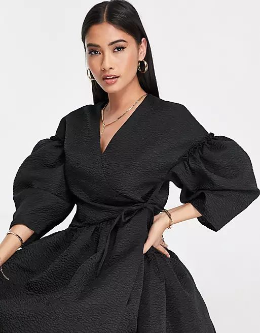 ASOS EDITION wrap smock textured mini dress in black | ASOS (Global)