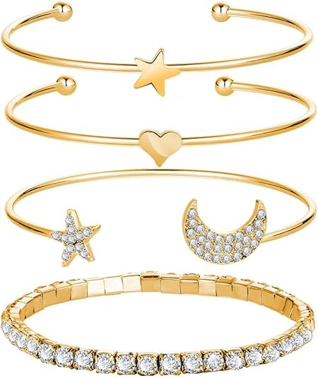Boho Crystal Stackable Bracelets Gold Star Moon Open Cuff Bangle Bracelet Sets Bangle Bracelet Je... | Amazon (US)