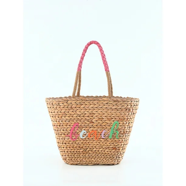 Time & Tru Women’s Straw Embroidered Beach Tote Bag - Walmart.com | Walmart (US)