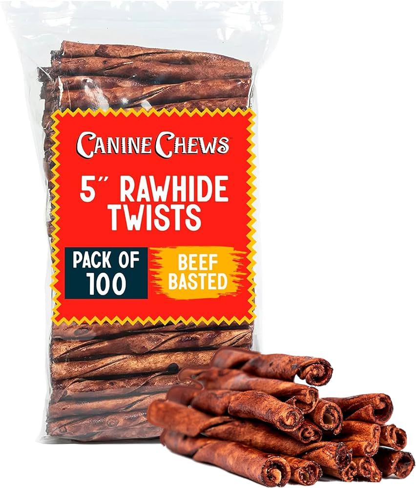 Canine Chews Small Rawhide Twists for Dogs - Pack of 100 5" Beef Flavored Rawhide Sticks for Smal... | Amazon (US)
