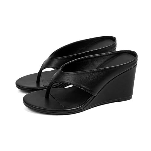 LOVEHEYNEW Womens Polka Dot Wedge Flip Flops Sandals Fashion Comfortable Open Round Toe Slip On High Heeled Thong Sandals for Summer Travel Vacation Party Beach Slides (Black,8.5) | Amazon (US)