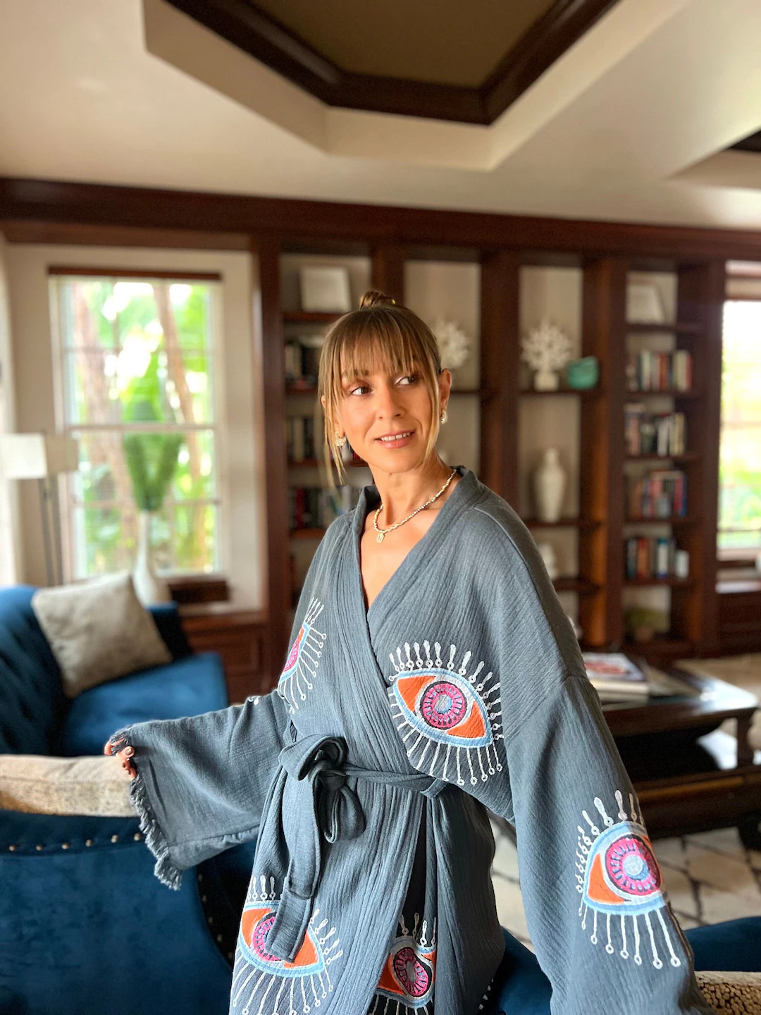 Stone Printed Muslim Kimono, Organic Cotton Handmade Caftan Robe, Boho Natural Gauze Dressing Gow... | Etsy (US)