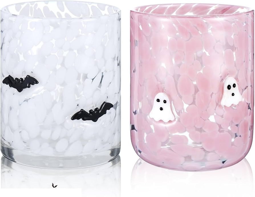 2 Pcs Halloween Icon Glass Cups - 14 oz Halloween Icon Juice Glasses, Ghost, Bat Icon Juice Glass... | Amazon (US)