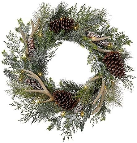 Christmas Wreath for Front Door Pine Needle Branch with Lights 24" D Flocked Artificial Pinecone ... | Amazon (US)
