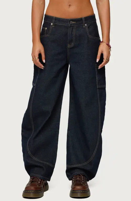 EDIKTED Aden Low Rise Barrel Leg Jeans in Dark-Blue at Nordstrom, Size X-Large | Nordstrom