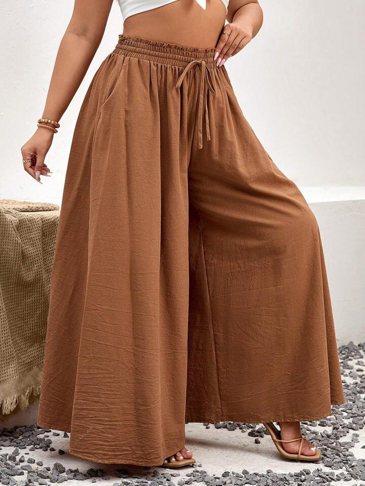 SHEIN VCAY Plus Knot Front Wide Leg Summer Pants | SHEIN