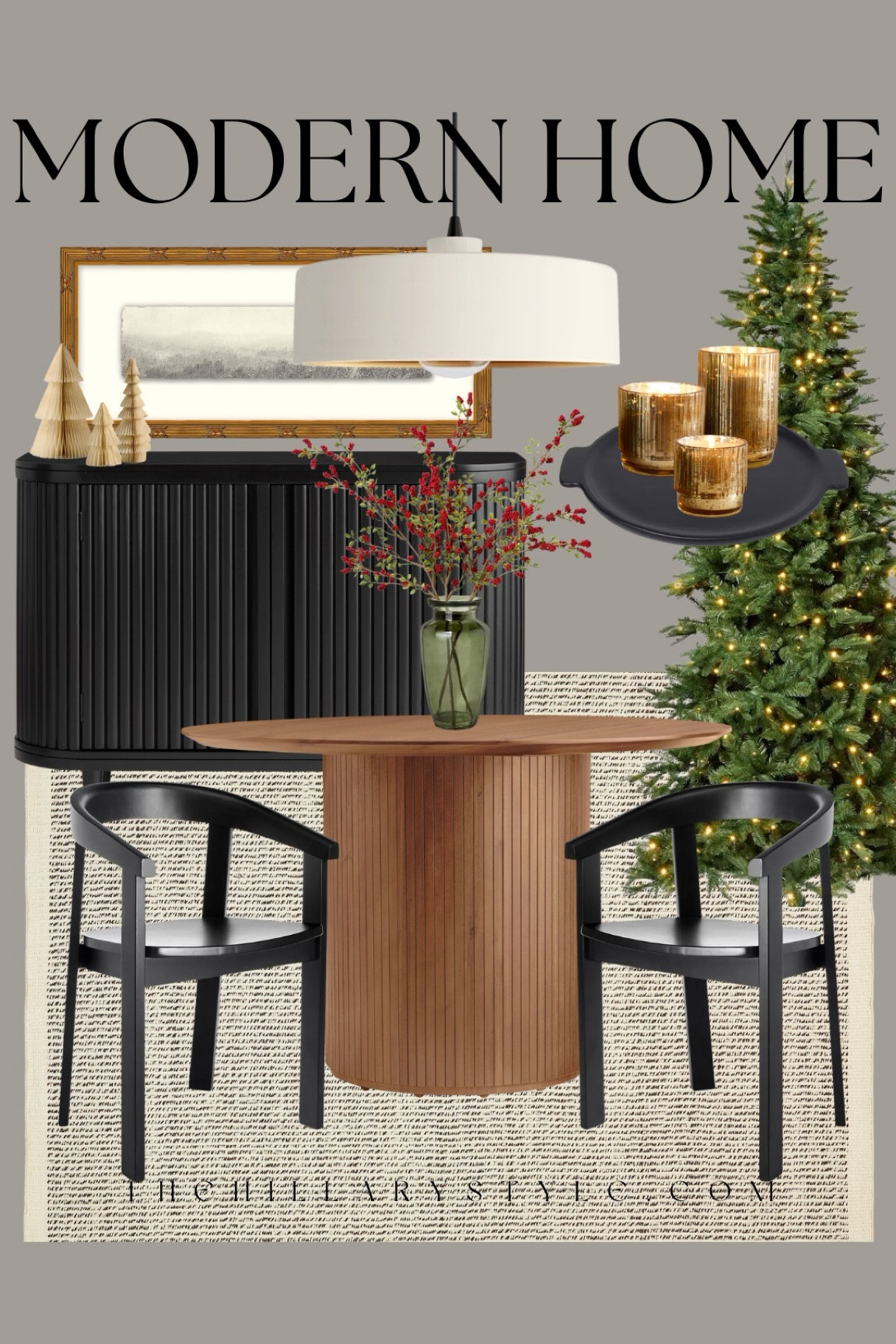 Modern Home: home decor and furniture finds for the modern organic holiday dining room. Wood pedestal dining table, black dining chairs, lit-Christmas tree, wood dining console, framed landscape art, modern dining room pendant light, holiday glass vase arrangement, paper trees, mercury glass votives, black tray, wool area rug. Target, west elm, Pottery Barn, World Market, AllModern.

#LTKHome #LTKHoliday #LTKSeasonal