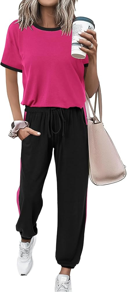 MASCOMODA Womens 2 Piece Outfits 2026 Summer Tracksuit Sets Short Sleeve Tops Travel Long Pants J... | Amazon (US)