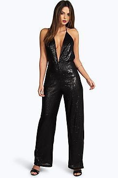 Boutique Lisa Deep Plunge Strappy Sequin Jumpsuit | Boohoo.com (US & CA)