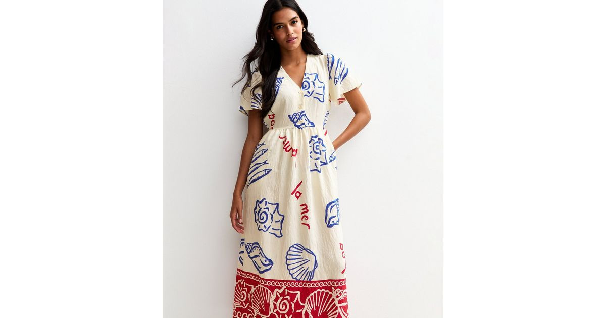 Off White Shell Print Flutter Sleeve Button Midi Dress | New Look | New Look (UK)