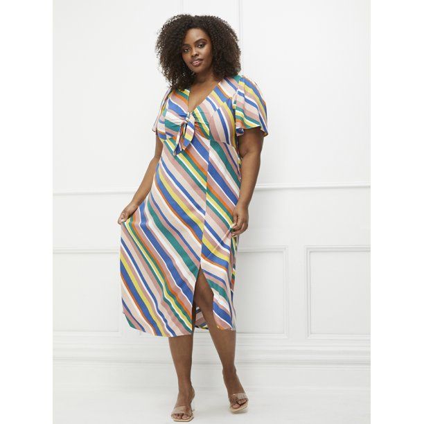 ELOQUII Elements Women's Plus Size Striped Midi Dress with Flutter Sleeves | Walmart (US)