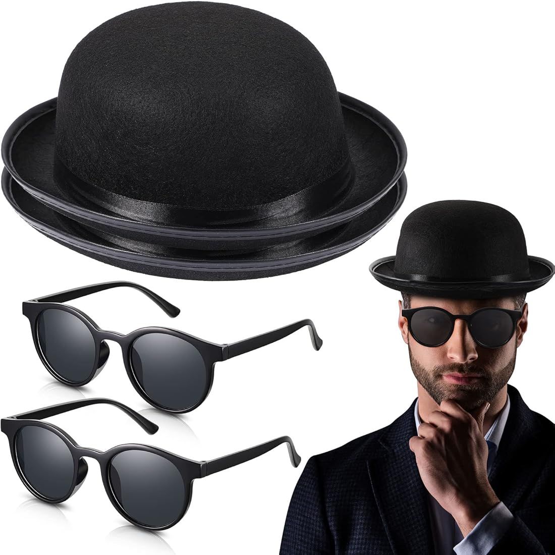 2 Pcs Black Bowler Derby Hat Costume Top Hat Funny Party Hats with 2 Pcs Black Sunglasses for Adults | Amazon (US)