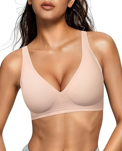 OEAK Womens Deep V Bras Comfortable Bra Support Push Up Bralettes Low Cut no Underwire Bra Plunge Seamless Tshirts Bras 3XL Jacquard Nude | Amazon (US)