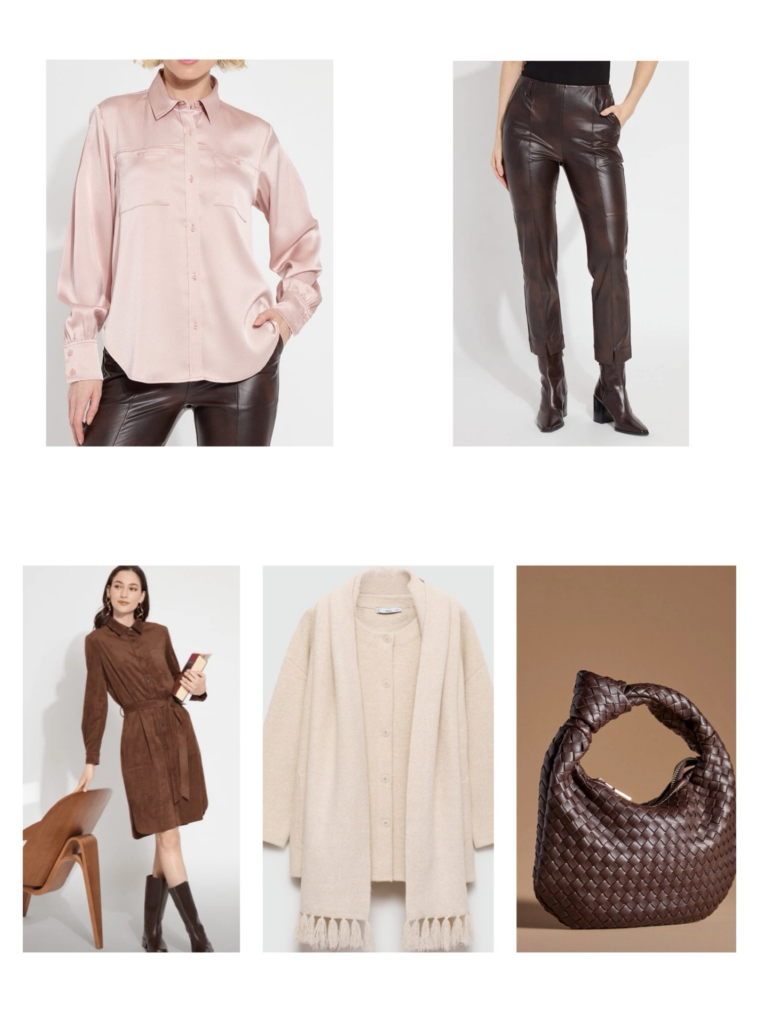 5 Styles Your Closet has been Begging for this Fall

1. This Zoe Utility Blouse in the perfect shade of blush pink!  It has 4-way stretch and is in a hammered silk-touch satin material for a luxe feel. It has an oversized fit and is light and easy to tuck.
2. Are these Acro Vegan Leather Trousers that would pair perfectly with the Zoe blouse!  These straight-legged trousers are made with soft and stretchy lightweight distressed vegan leather.  They have side pockets, front seams with front helm slits.  They have fitted waist and skims the leg. They have a pull-on waistband.
3. The Vegan Suede Schiffer Dress in the color brown.  This shirt-dress is made from 4-way stretch vegan suede and fits true to size . It has a detachable belt, front pocket and the front button never gaps.  Machine washable.
4. This season’s cozy jacket of choice is this Knitted Coat with Detachable Scarf. It has a straight design, rounded neck and front button closure.  It is currently on sale under $100.  available in black and ecru. Oversized fit.
5. The Brigette Satchel by Melie Bianco.  This bag is made of chocolate-woven vegan leather.  It has a playful chunky knot with a slouchy style.  
