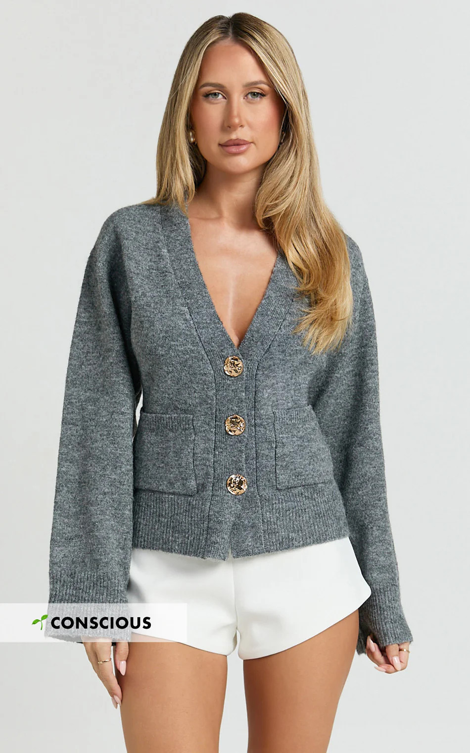 Nerissa Cardigan - V Neck Recycled Knit Contoured Cardigan in Dark Grey | Showpo (US, UK & Europe)