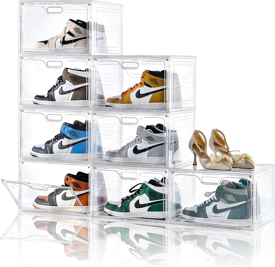 8 Pack Shoe Boxes Clear Plastic Stackable, Large Shoe Storage Organizer with Lids,Drop Side Shoe ... | Amazon (US)