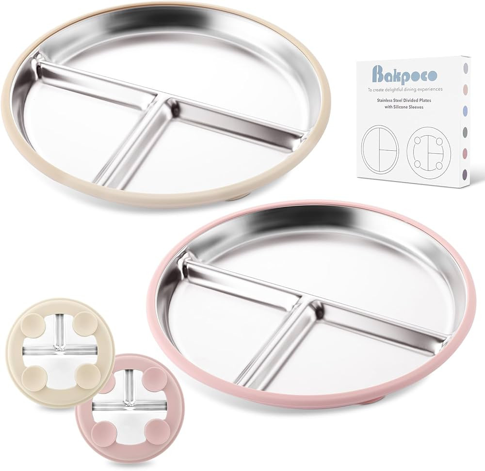Stainless Steel Baby Plate with Suction, 9” Divided Toddler Plates with Removable Silicone Slee... | Amazon (US)