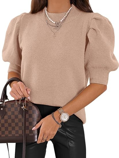 ATHMILE Women's Puff Short Sleeve Sweater Tops 2025 Spring Summer Fall Trendy Casual T Shirts Blo... | Amazon (US)