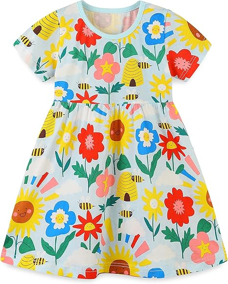 Bumeex Toddler Girl Clothes Cotton Casual Cartoon Print Short Sleeve Dresses 1-7 Years | Amazon (US)