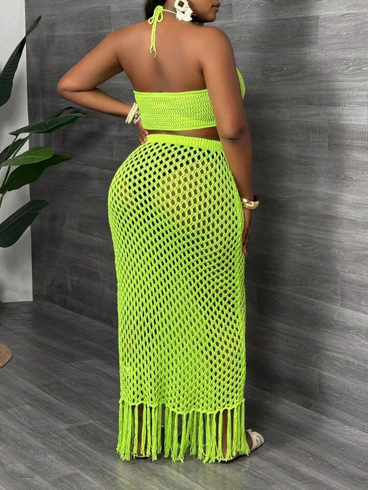 Slaydiva 2025 New Style Plus Size Women Rave/Easter/Old Money/Country Concert/Going Out/Fairycore/Festival/Tropical Vacation Outfit, Green Crop Top With Fringed Skirt, 2 Pieces Set | SHEIN