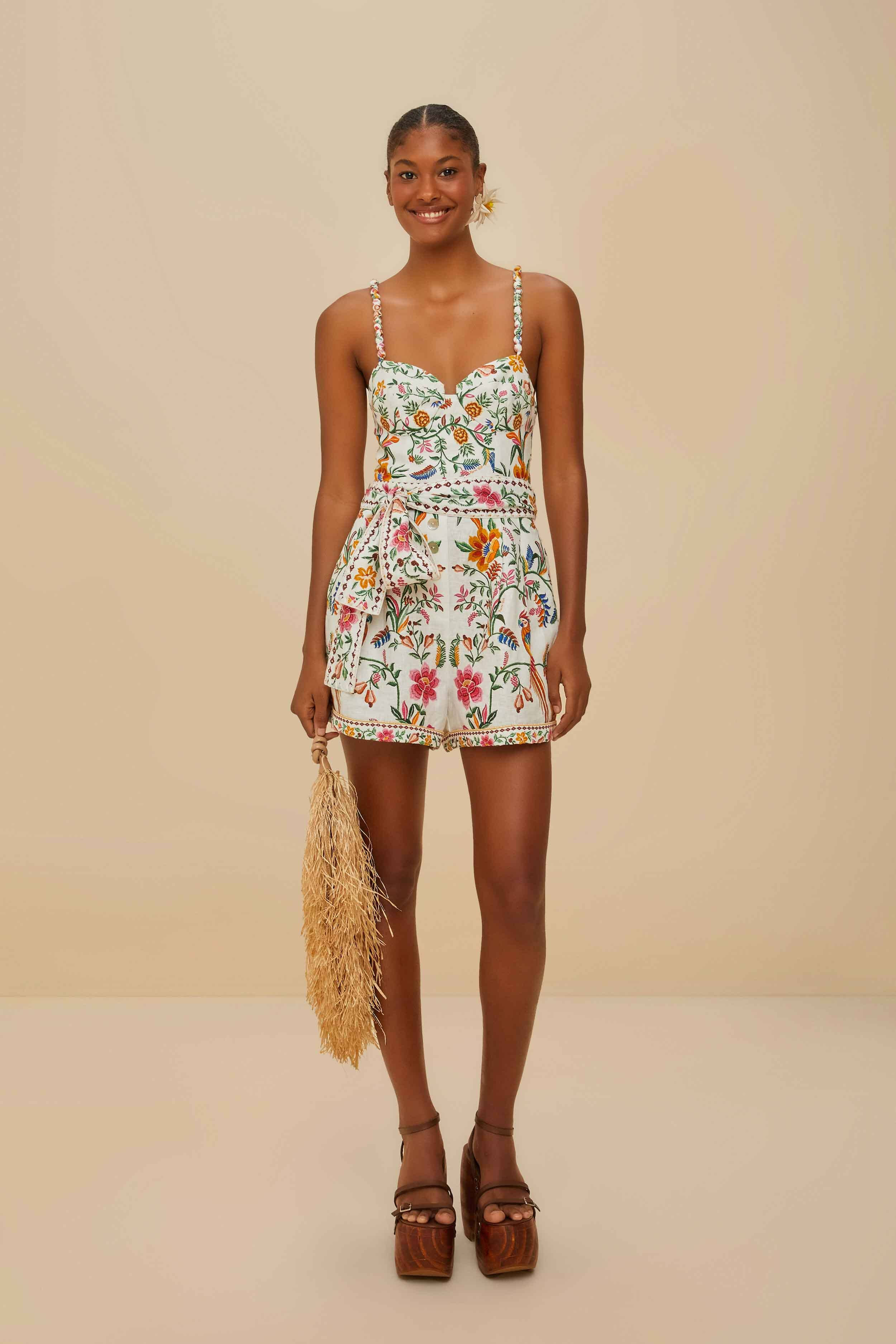 Off-White Delicate Forest Euroflax Premium Linen Romper, DELICATE FOREST OFF-WHITE / S | FarmRio (US)